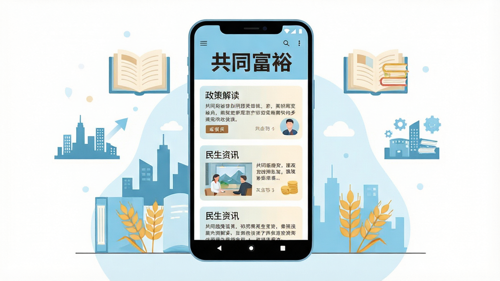 画面中央一部竖屏安卓手机,手机屏幕显示简洁的资讯阅读界面,顶部有