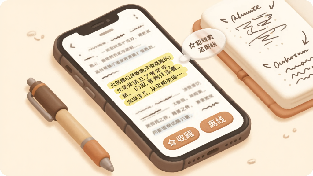 画面为一部倾斜摆放的手机,屏幕显示文章阅读页,页面中部有高亮标记的段落和一条手写风格的笔记气泡,屏幕右下角有