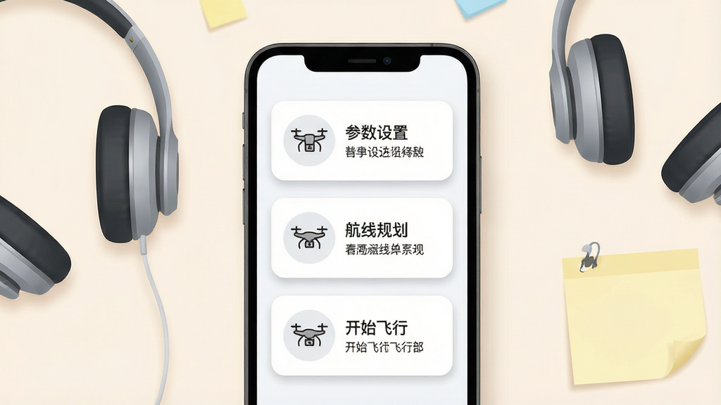 一张展示飞得维新手操作流程的示意图,画面主体为手机屏幕特写,屏幕上以分步卡片形式展示「参数设置」「航线规划」「开始飞行」三个步骤,每个步骤配有简洁图标与短文字说明,背景为浅色桌面,手机旁边放置一副耳机与一张便签纸,整体布局为居中手机加左右点缀,风格为清新简约的教程插图风,细节上加入圆角卡片与柔和阴影,画质清晰,画面干净,无多余元素