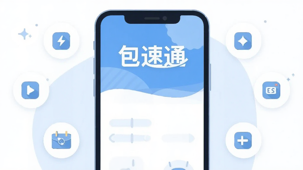画面中央放置一部智能手机,屏幕显示简洁的工具类应用界面,顶部有“包速通”三个中文字,周围环绕若干代表便捷功能的小图标,整体采用扁平化插画风格,浅蓝与白色为主色调,布局居中对称,细节干净利落,画质清晰,无多余装饰元素