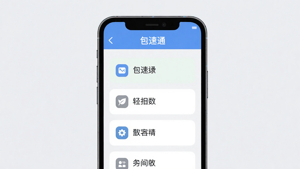 手机屏幕特写,界面中每个功能按钮旁都有简短中文说明文字与对应小图标,画面中带有“包速通”字样的标题栏,风格为清爽的扁平化UI示意图,浅灰背景,主体居中,细节简洁,画质清晰无噪点