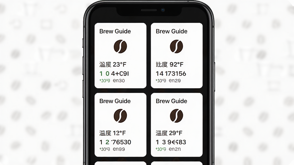 一张 Brew Guide 软件参数速查功能展示图,主体为手机屏幕特写,屏幕内呈现多张咖啡豆参数卡片整齐排列,布局为上下分层卡片式,风格现代简洁,细节包含卡片上的温度与比例数字、咖啡豆图标,画质高清干净,无多余元素