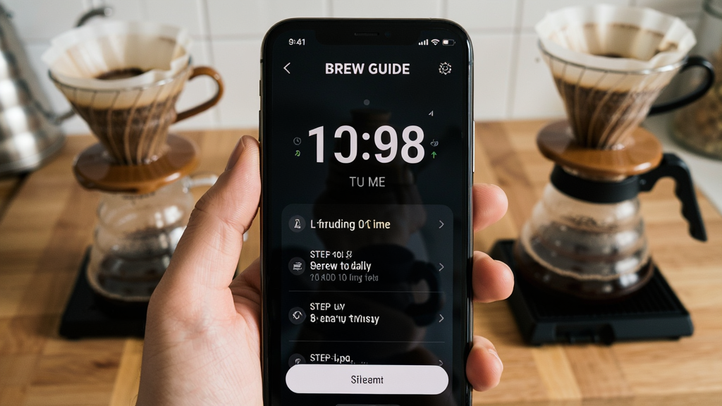 一张 Brew Guide 移动端使用场景图,画面为手持手机展示冲煮计时界面,背景为厨房台面与手冲器具,布局为手机屏幕占据画面主体,风格生活写实,细节包含计时数字与步骤提示文字,画质清晰干净,无多余元素
