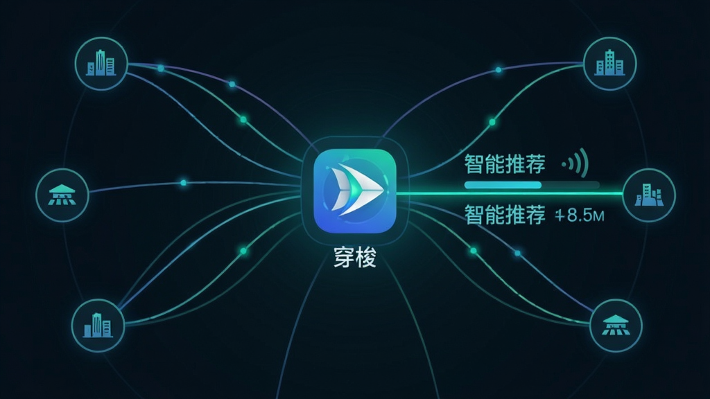 画面展示一张网络节点拓扑图,中心是“穿梭”应用图标,四周分布多个城市节点圆点,节点之间用不同颜色的曲线连接,其中一条高亮线路标注“智能推荐”,旁边有信号强度条与延迟数值示意;整体为深色背景配蓝绿色光效,风格偏数据可视化,布局居中对称,细节清楚,画质干净,无多余元素