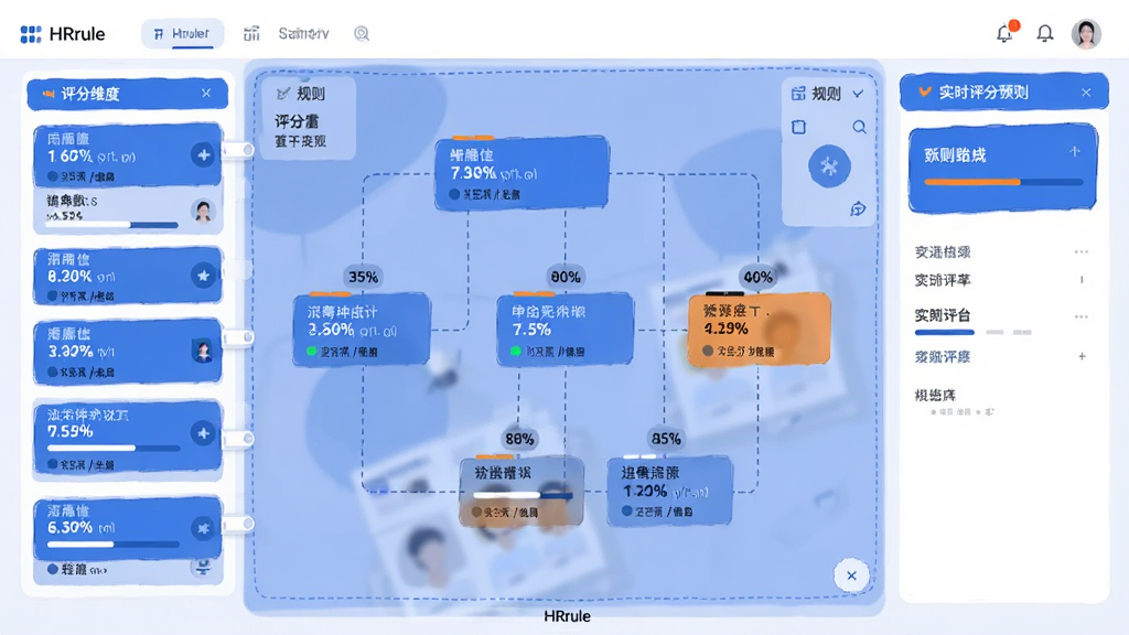 一张横向构图的界面示意图,左侧为可拖拽的评分维度模块列表,中间为规则画布区域,右侧为实时评分预览面板,画布上用虚线连接各模块并标注权重百分比,整体配色以蓝白为主,点缀少量橙色高亮,风格为简洁的UI概念插画,画面中带有一行小字