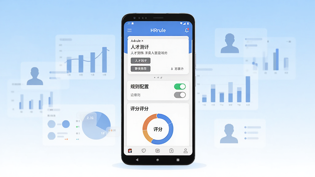画面中央放置一部竖屏安卓手机,手机屏幕上显示HRrule应用的主界面,界面中包含人才测评卡片、规则配置开关与评分环形图,手机周围环绕半透明的数据图表与人物剪影图标,背景为浅蓝到白色的渐变,整体采用扁平化商务插画风格,线条干净利落,细节处体现界面按钮与数据标签,画质清晰,画面干净,无多余装饰元素