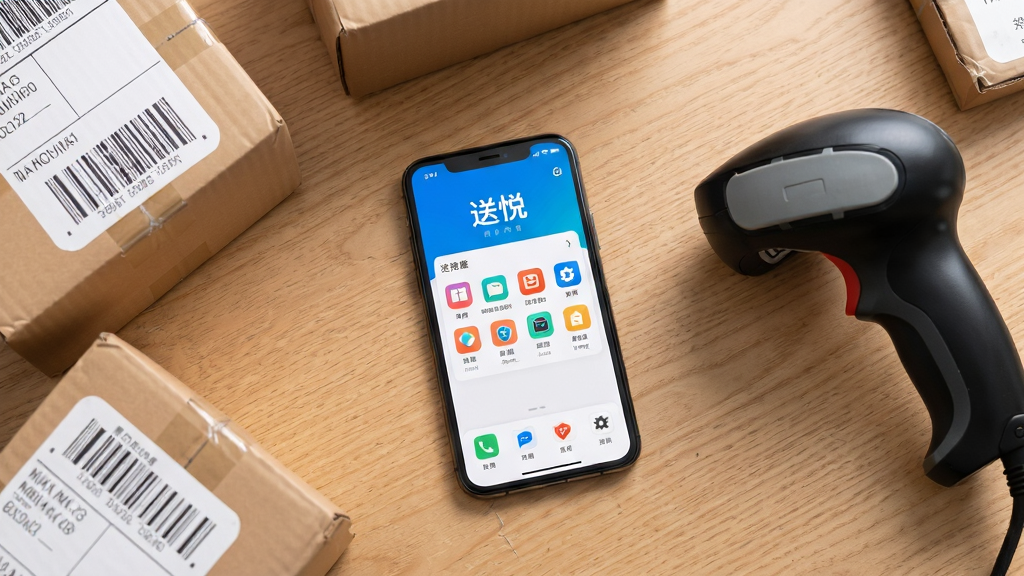画面主体是一部智能手机放在快递驿站工作台上,屏幕显示送悦应用主界面,周围摆放着几个待扫描的快递包裹和一台扫码枪;布局采用俯拍视角,手机位于画面中央偏下,包裹自然散落在两侧;排版简洁,突出手机屏幕内容;风格为写实摄影风,光线明亮柔和;细节包括包裹面单上的条码、桌面木纹质感、手机屏幕上的功能图标清晰可见;画质清晰,干净,无多余元素