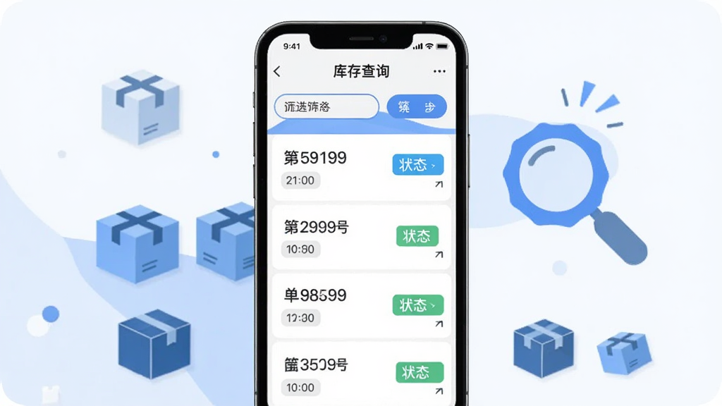 画面主体是送悦应用的库存查询界面截图风格展示,手机屏幕中呈现包裹列表、筛选条件和状态标签,旁边配有一个放大镜图标和几个包裹剪影;布局为手机居中、辅助元素环绕;排版清爽,信息层级分明;风格为扁平化UI展示风,配色以蓝白为主;细节包括列表中的单号信息、时间标签、筛选按钮;画质清晰,干净,无多余元素