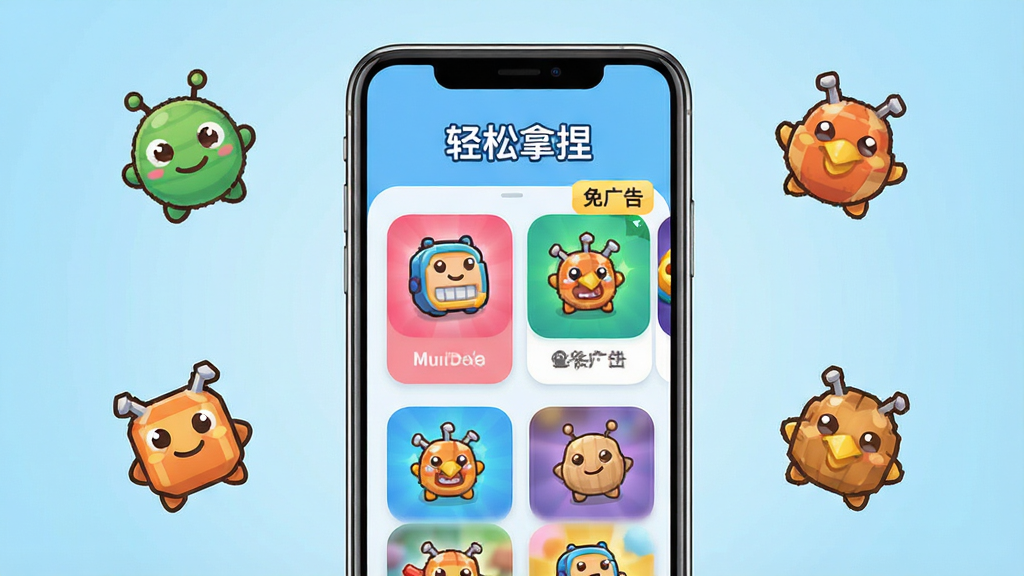 一张展示手机小游戏合集界面的场景图,画面中央是一部竖屏智能手机,屏幕上呈现“轻松拿捏”游戏大厅界面,包含多个彩色游戏图标卡片与“免广告”标识,手机周围散落着几个卡通风格的游戏元素小图标,背景为浅蓝色渐变,整体风格清爽活泼,画质清晰干净,无多余元素
