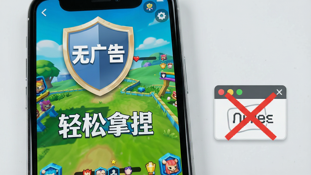 一部手机屏幕特写,画面显示“轻松拿捏”游戏运行界面,屏幕上方有一个醒目的“无广告”盾牌图标,游戏画面色彩明快,手机旁边放置一个被划掉的广告弹窗图标,背景为淡灰色,风格简洁现代,画质干净清晰
