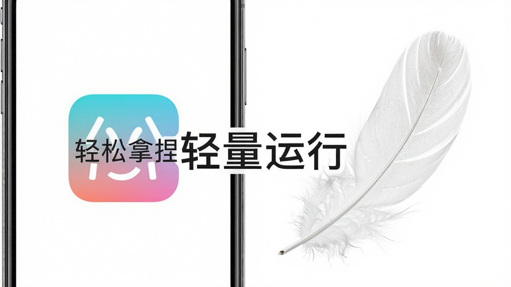 一部手机与一个轻盈的羽毛并排展示,手机屏幕上显示“轻松拿捏”应用图标,羽毛象征轻量流畅,背景为纯白色,画面中央有“轻量运行”字样,风格极简干净,画质高清