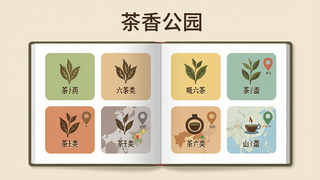 画面主体为一本展开的茶知识电子书册,书页上排列着六大茶类的图标与文字标签,布局采用居中对称的卡片式排版,风格为扁平化信息图设计,细节包括每种茶类旁配有小幅茶叶形态插画与产地地图标记,背景为浅米色,画质干净清晰,图片上方居中位置写有