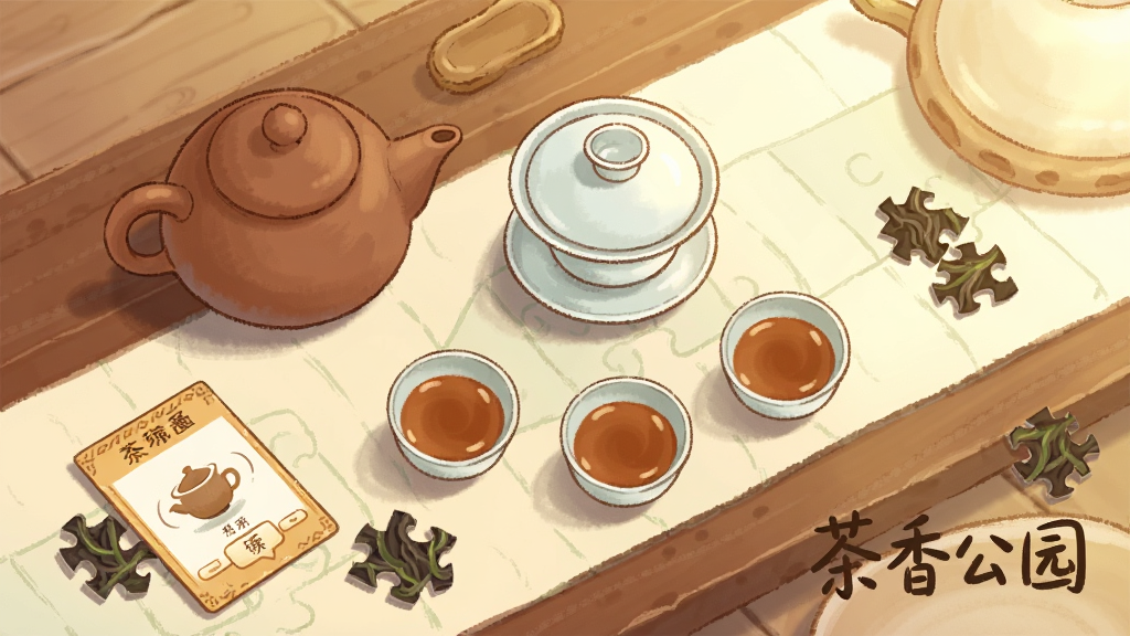 画面主体为一张中式茶席桌面,桌面上摆放茶壶、盖碗与三只品茗杯,布局采用俯视视角的三角构图,风格为温暖手绘插画,细节包括桌面一角放置的互动积分卡片与茶叶拼图碎片,背景为木质纹理与柔和光影,画质细腻干净,画面右下角以手写体标注