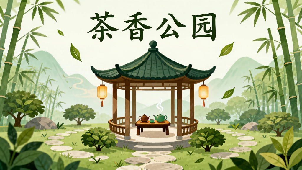 一座以茶文化为主题的清新数字公园场景,主体为画面中央一座圆形茶亭,亭内摆放茶具与冒着热气的茶杯,周围分布茶树、竹林与石板小径,布局采用左右对称的园林式构图,上方留白处用楷体书写