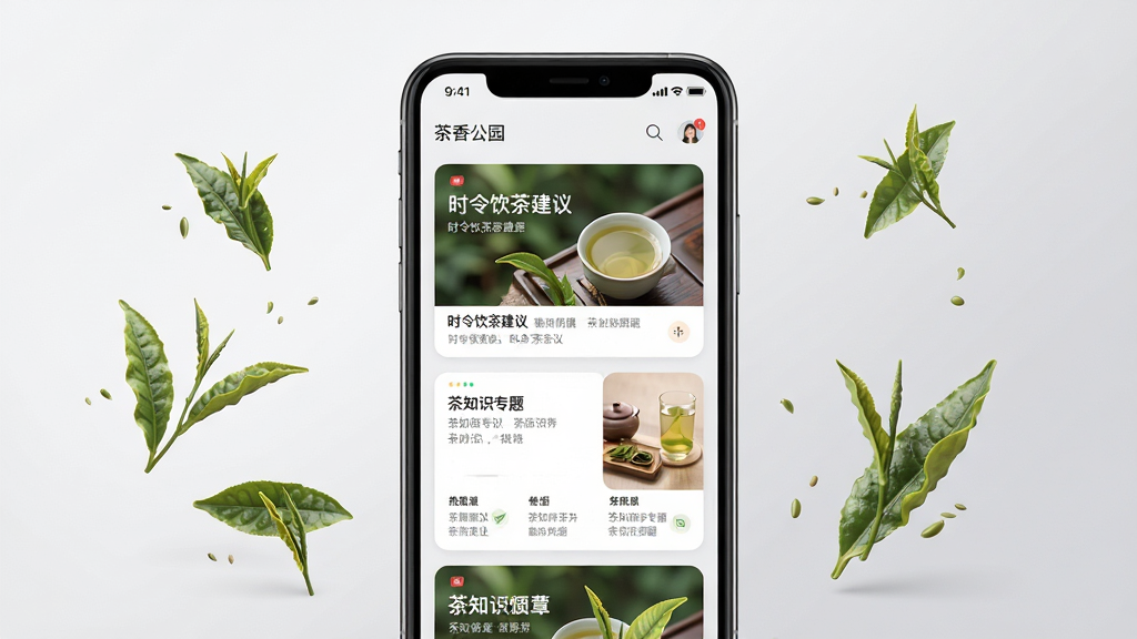 画面主体为一部竖屏手机界面展示,屏幕上呈现茶主题内容推荐卡片流,布局采用居中手机模型加两侧悬浮茶叶装饰的构图,风格为清爽现代UI展示图,细节包括卡片上写有