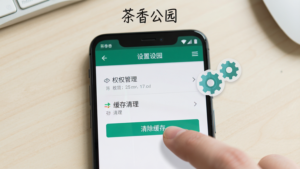 一部安卓手机屏幕展示茶香公园应用设置页面,主体为手机正面特写,布局采用居中构图,屏幕内显示权限管理与缓存清理选项,风格为写实产品展示图,细节包括手指轻触