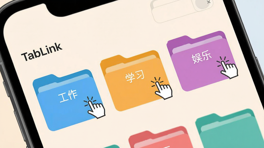 画面展示“TabLink”分组管理界面,手机屏幕内多个彩色文件夹标签并排,每个文件夹上标注“工作”“学习”“娱乐”字样,旁边有拖拽手势图标,背景为柔和浅色,扁平化设计风格,布局清晰,画质干净,无多余装饰