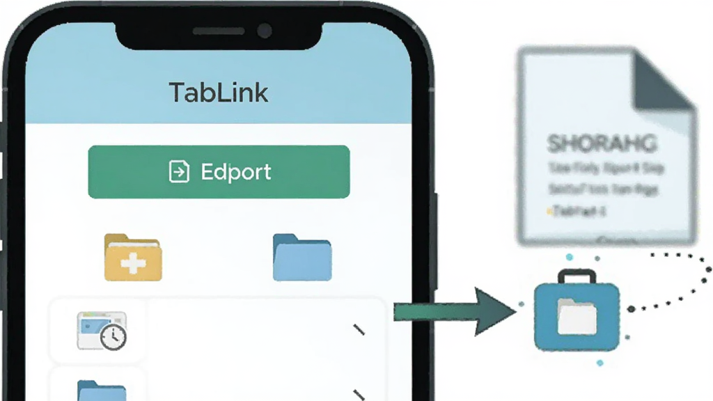 画面中一部手机显示“TabLink”数据备份页面,屏幕上有导出文件按钮和文件列表图标,旁边漂浮一个文档图形与箭头指向手机存储图标,整体为扁平插画风格,配色清爽,布局简洁,画质清晰,无多余元素