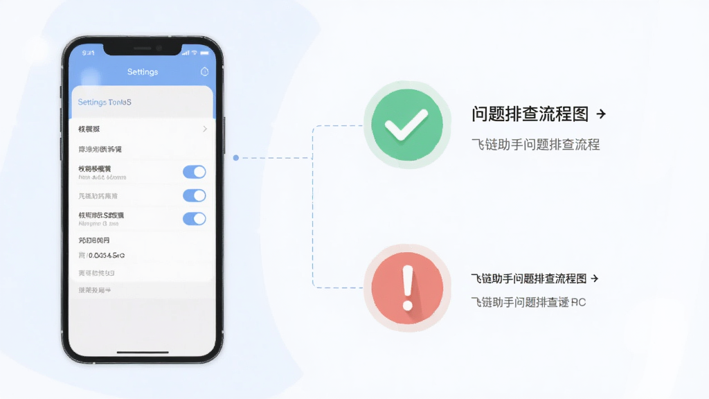 飞链助手问题排查流程图,画面以简洁的信息图形式展示手机屏幕上的设置菜单与权限开关界面,旁边配有打勾与感叹号图标,风格扁平化,色调柔和,画质清晰,布局规整