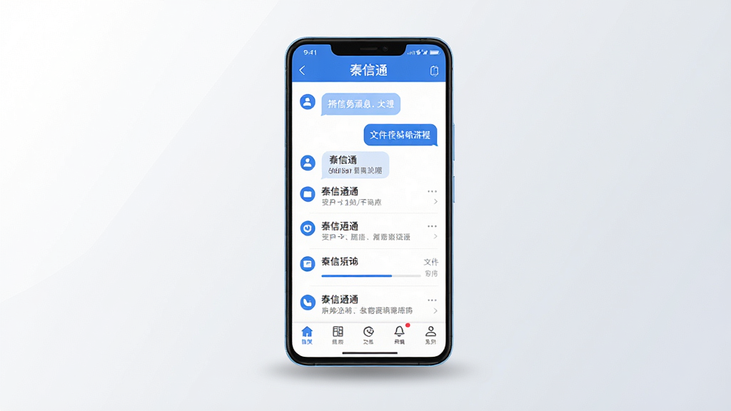 主体为一部竖屏安卓手机,屏幕上显示秦信通应用主界面,包含消息列表与底部导航栏;布局为手机居中放置于浅灰渐变背景,左上角留白;排版简洁,手机下方有柔和投影;风格为现代科技感扁平插画,蓝白配色;细节包括消息气泡、通讯录图标、文件传输进度条等元素清晰可辨,界面内文字为