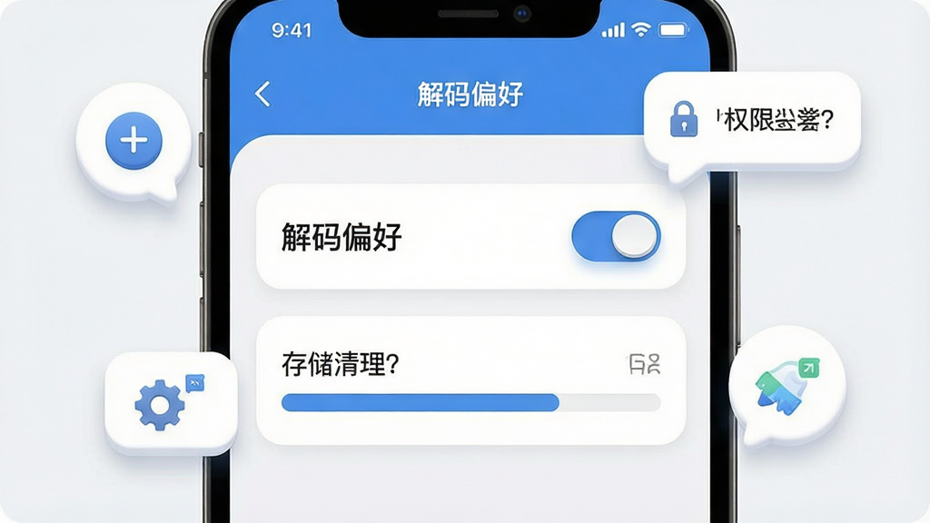 一张展示Vynody移动端使用指南的示意图,画面为一部手机屏幕特写,屏幕上显示设置菜单中的“解码偏好”选项,旁边有权限开关的图标和存储清理的进度条,手机周围漂浮着提示气泡图标,布局采用上下分层结构,风格为简洁的UI教学图,细节包括菜单项的圆角设计和开关的立体感,画质清晰干净,无多余元素