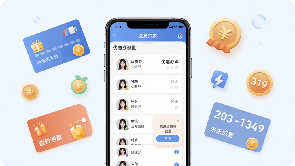 一张展示特来电商家版APP会员管理与营销功能的示意图,画面中手机屏幕呈现会员列表与优惠券设置页面,周围点缀会员卡、积分图标与促销标签等元素,布局居中对称,风格清新浅色,细节清晰,画质干净,无多余元素