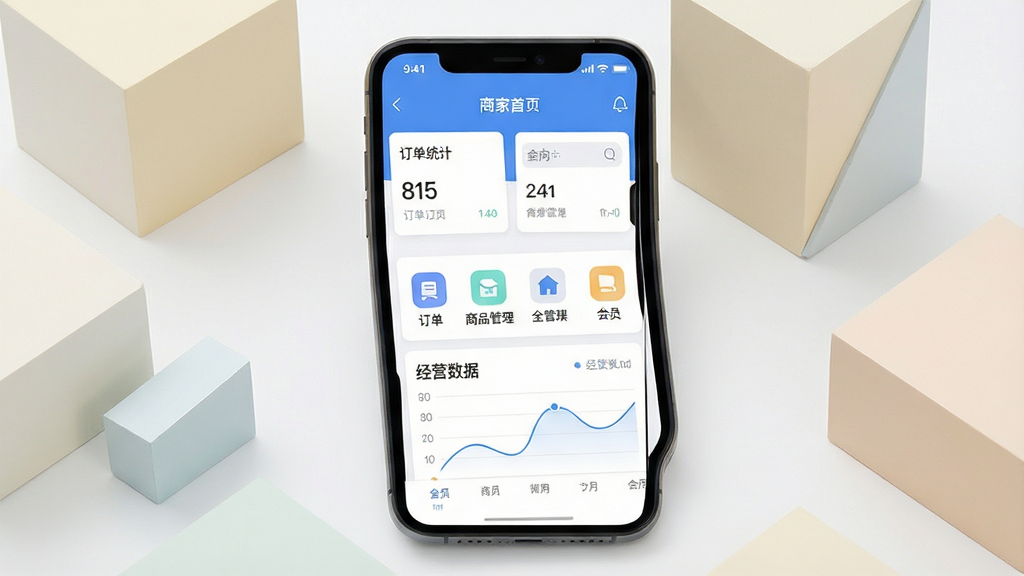 一张展示特来电商家版APP手机界面全貌的产品展示图,画面中央是一部竖屏智能手机,屏幕内呈现商家后台首页,包含订单统计卡片、商品管理图标、会员入口与经营数据曲线,手机周围以简洁的浅色几何块面环绕,突出移动端经营管理主题,整体采用清爽的扁平化设计风格,细节清晰,画质干净,无多余元素