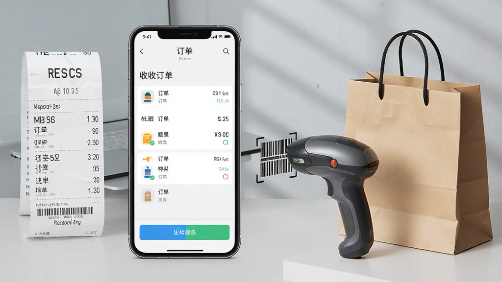 一张表现特来电商家版APP订单管理功能的场景图,画面中手机屏幕显示订单列表与收银界面,旁边搭配收银小票、扫码枪与购物袋等元素,整体布局左右分布,风格简洁商务,细节丰富,画质干净,无多余元素