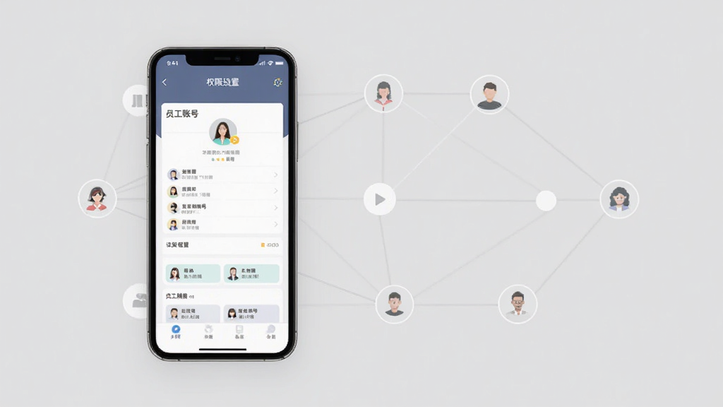 一张表现特来电商家版APP多角色协同管理的概念图,画面中手机屏幕显示权限设置与员工账号页面,背景以简洁的连线图形表示角色之间的协作关系,整体风格素雅极简,细节到位,画质干净,无多余元素