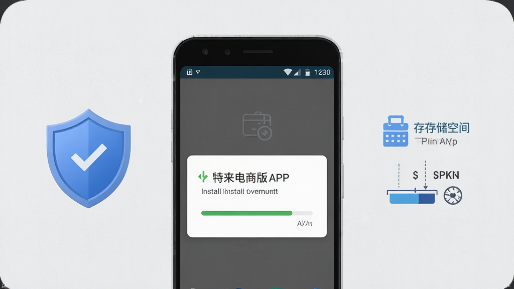 一张表现安卓手机安装特来电商家版APP过程的示意图,画面中手机屏幕显示安装权限提示与进度条,旁边搭配盾牌图标与存储空间示意元素,整体布局简洁明了,风格浅灰质感,细节清晰,画质干净,无多余元素