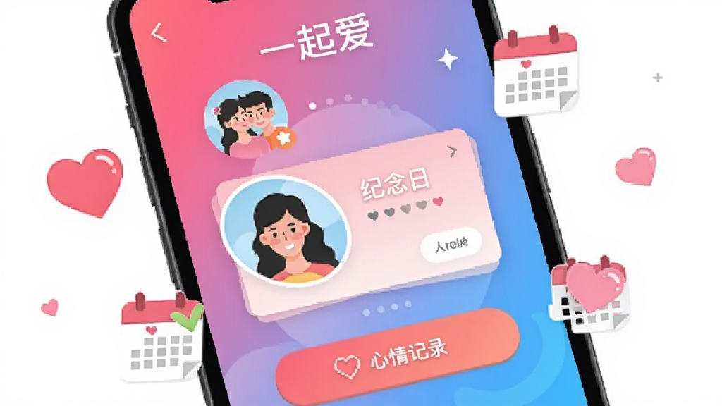 手机屏幕中央展示“一起爱”应用主界面,粉蓝色渐变背景,界面内包含情侣头像、纪念日卡片与心情记录按钮,周围环绕爱心与日历图标,整体采用扁平化插画风格,细节清晰,画质干净,无多余元素