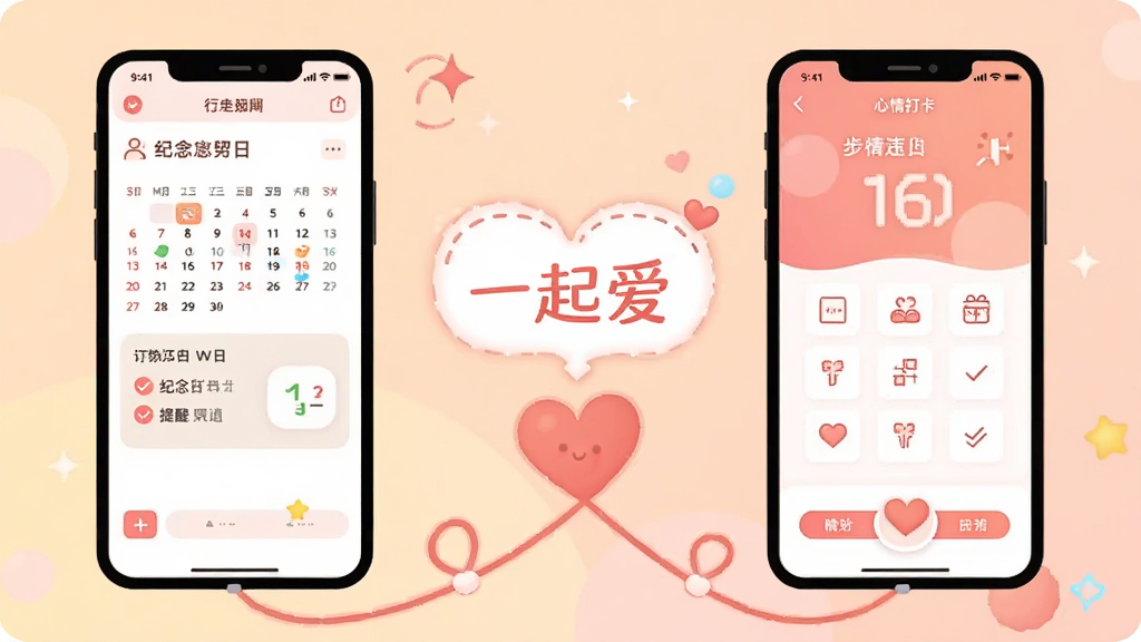 插画展示两部手机通过一条爱心连线相连,左侧手机显示日历与纪念日提醒,右侧手机显示心情打卡界面,中间漂浮“一起爱”文字标识,背景为柔和暖色调,扁平风格,构图对称,画质清晰干净