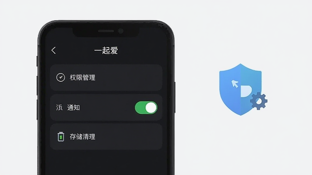 手机界面展示“一起爱”设置页面,包含权限管理、通知开关与存储清理选项,旁边配有盾牌与齿轮图标,扁平化设计,浅灰背景,画质干净