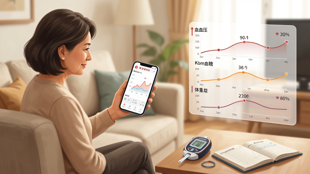 画面主体为一位中年女性坐在明亮客厅的沙发上,手持手机查看生命说慢病管理(原科减)软件中的血糖趋势折线图,茶几上摆放着血糖仪和记录本,画面右侧以半透明信息图形式展示血压、血糖、体重三项指标的趋势曲线,整体风格为温馨写实插画,色调柔和温暖,布局左侧人物右侧数据图,画质干净清晰,无多余装饰元素