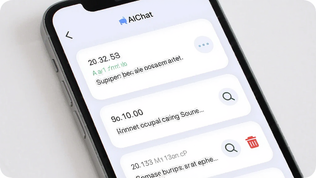 主体为手机界面展示会话历史列表,布局为纵向列表结构,顶部为“AiChat”导航栏,列表项以卡片形式排列,排版整齐,风格为柔和圆角浅色UI,细节包含时间标签、对话摘要文字、搜索图标与删除按钮示意,画质高清,干净,无多余元素