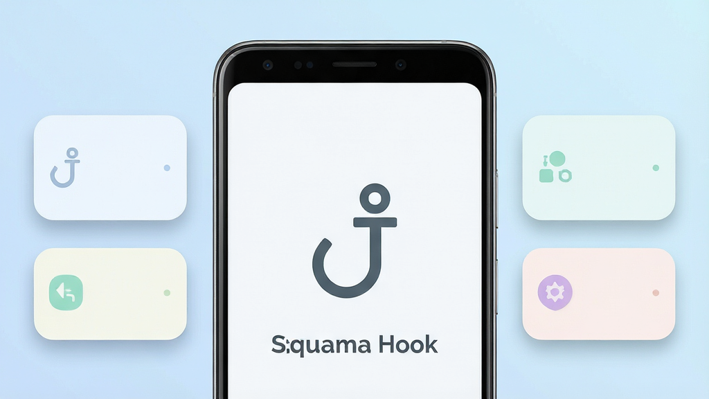 主体为一部安卓手机居中放置,手机屏幕内展示简洁的钩子造型图标界面,布局为手机居中、左右两侧各有淡色功能模块卡片环绕,排版采用上下留白、中心聚焦的方式,风格为现代扁平化科技风,细节包括手机边框高光、卡片圆角阴影、背景淡蓝渐变,画面中文字标注“Squema Hook”,画质高清、画面干净、无多余元素