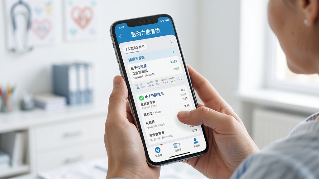 医动力患者版手机界面展示健康档案列表,一位患者正在查看电子报告,画面明亮整洁,医疗健康风格,细节清晰,画质细腻,干净无多余元素