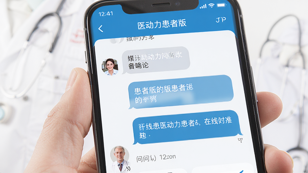 医动力患者版在线问诊聊天界面,患者与医生文字沟通,手机屏幕特写,蓝色医疗配色,排版简洁,风格专业,画质清晰,干净无多余元素