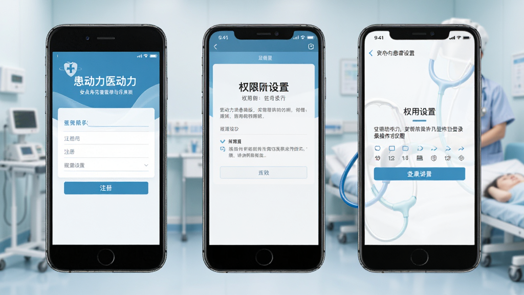 医动力患者版安卓手机安装与登录操作示意图,手机屏幕展示注册页面和权限设置界面,界面清晰,医疗风格,画质细腻,干净无多余元素