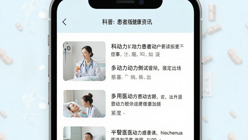 医动力患者版健康资讯阅读页面,手机展示科普文章列表,配图简洁,排版舒适,浅色背景,风格清新,画质清晰,干净无多余元素