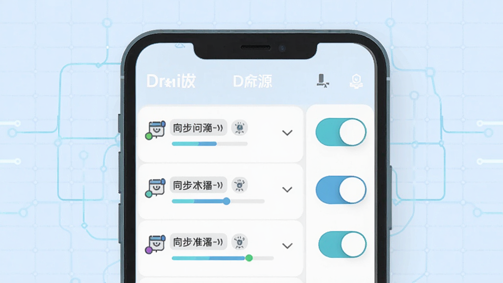 一张表现 Droid-ify 多仓库管理功能的界面示意图,画面主体为手机屏幕,屏幕内展示仓库源列表与开关按钮,列表项包含仓库名称与同步状态图标,背景为淡蓝色科技感网格,风格清爽扁平,细节突出开关高亮与同步进度条,画质清晰干净无杂乱元素