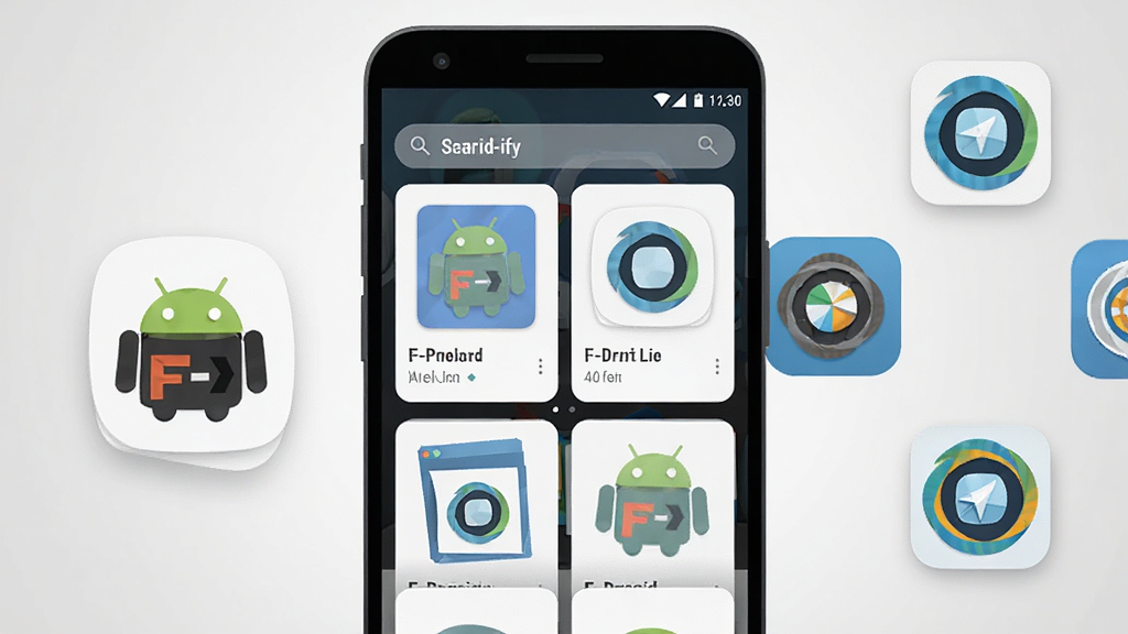 一张展示 Droid-ify 开源应用商店界面的手机屏幕渲染图,画面中央为手机正视图,屏幕内呈现应用列表卡片式布局与顶部搜索栏,左侧悬浮 F-Droid 机器人图标,右侧散落几个开源应用图标,背景为浅灰渐变,风格简洁现代扁平化,细节清晰展示卡片圆角与图标阴影,画质高清干净无多余元素