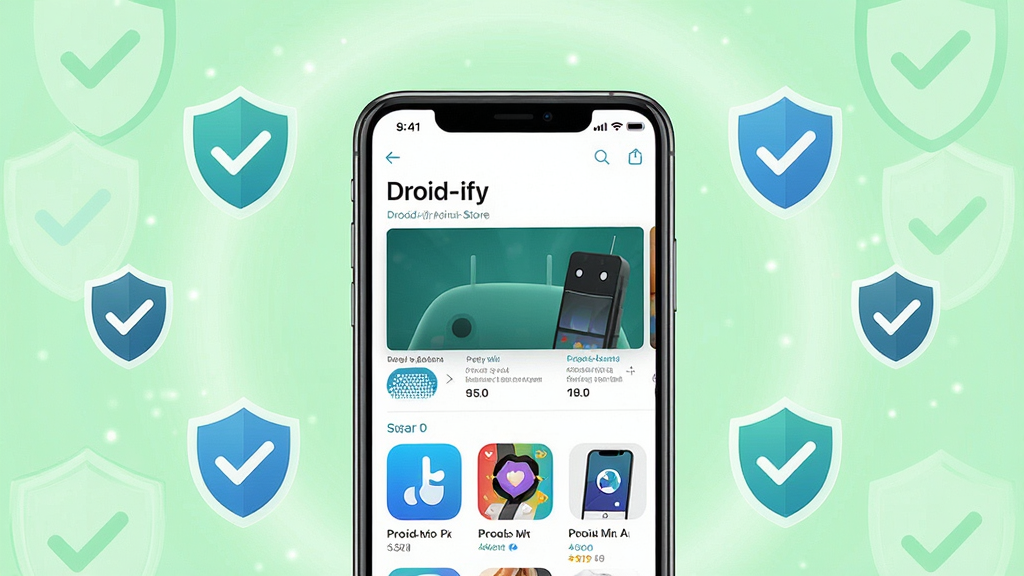 一张表达 Droid-ify 纯净无广告理念的创意图,画面中央为手机屏幕显示应用商店首页,四周环绕盾牌与对勾图标象征安全,背景为浅绿色柔和光晕,风格清新极简,细节突出界面干净无弹窗,画质清晰干净无多余装饰