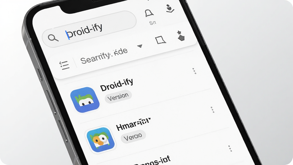 一张展示 Droid-ify 搜索与索引界面的手机渲染图,屏幕内呈现搜索框输入状态与结果列表,列表项含应用图标、名称与版本标签,顶部有排序筛选栏,背景为白色到浅灰的柔和过渡,风格简约商务,细节清晰展示文字排版与图标对齐,画质高清干净