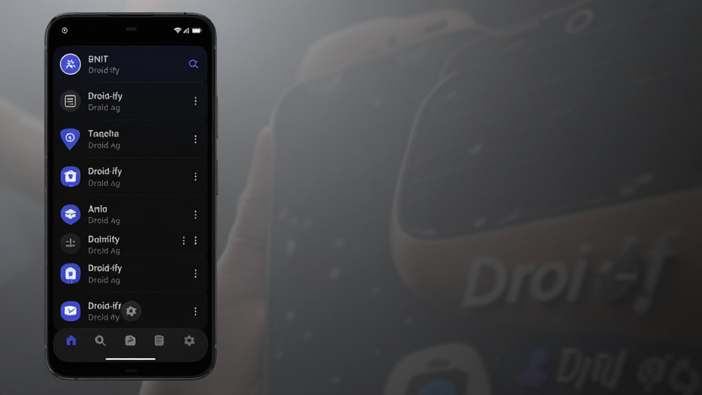 一张展示 Droid-ify 深色模式界面的手机效果图,屏幕内呈现暗色背景下的应用列表与底部导航栏,主题色为蓝紫色点缀,背景为深灰渐变,风格现代科技感,细节清晰展示暗色对比度与图标轮廓,画质高清干净