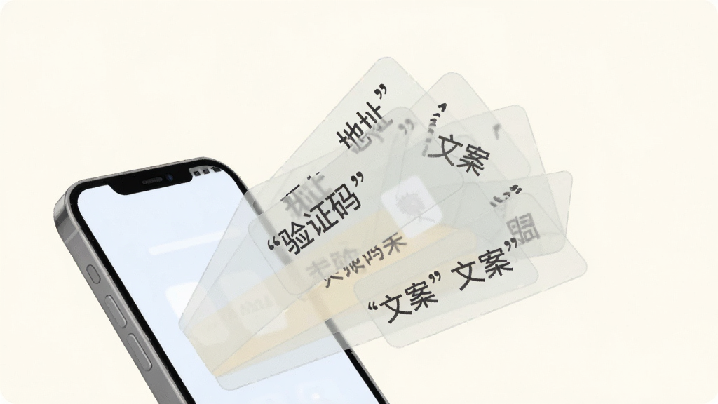 一部手机屏幕中伸出多条半透明的信息卡片,卡片上写着