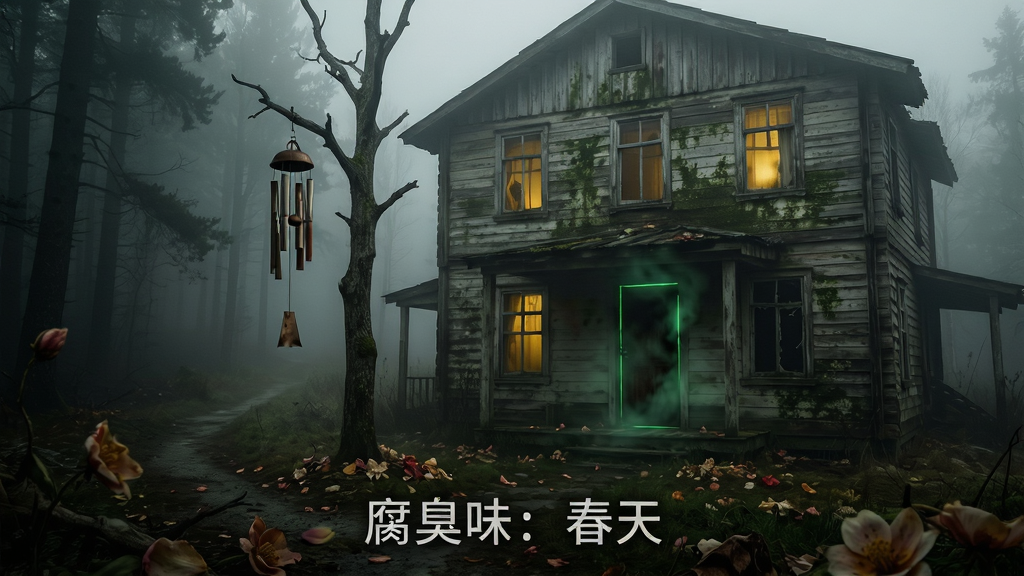 画面主体为一栋被浓雾笼罩的废弃两层木屋,门前枯树上挂着破旧风铃,地面散落腐烂花瓣,布局上木屋居中偏右,左侧留出通往黑暗树林的小径,排版采用竖版手机壁纸比例,风格为写实恐怖电影质感,细节包括窗户内隐约透出昏黄灯光、墙面爬满霉斑、门缝渗出暗绿色雾气,画质高清、干净、无多余元素,画面下方居中位置打上文字“腐臭味:春天”