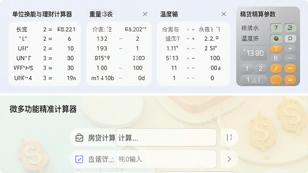 一张展示单位换算与理财计算功能的场景图,画面分为上下两部分,上半部分显示长度、重量、温度等单位换算面板,下半部分显示房贷计算参数输入界面,整体采用柔和的浅色背景,界面元素清晰,带有