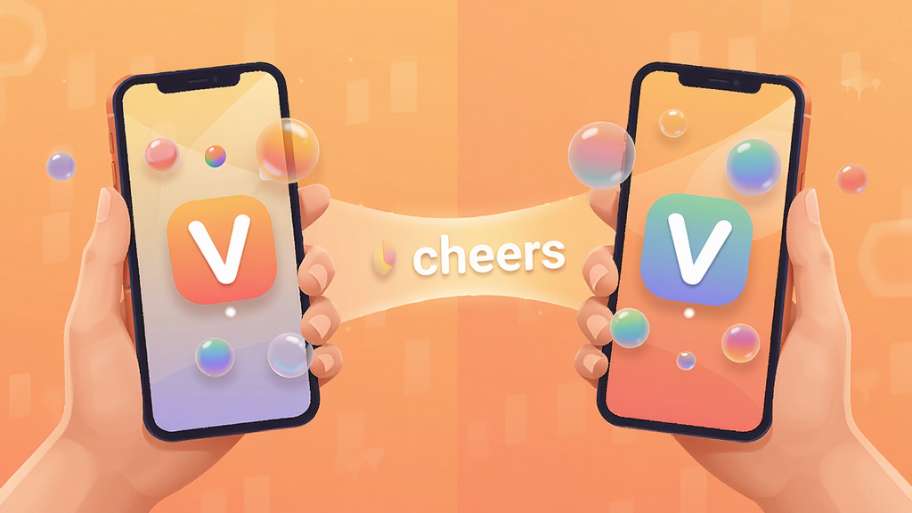 主体为两只手各持一部手机相对而放,屏幕之间漂浮着 V cheers 的互动图标与彩色气泡;布局为左右对称构图,中间以光带连接;排版居中稳定;风格为现代扁平插画;细节包括暖色调渐变、圆润图标、细腻光影;画质高清、干净清爽、无杂乱元素