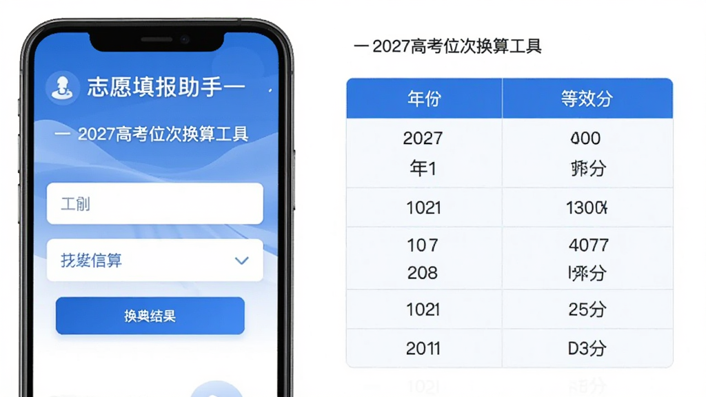 志愿填报助手一2027高考位次换算工具界面,手机屏幕显示输入框与换算结果对比表格,表格含年份与等效分两列,界面配色为蓝白相间,风格专业,排版对齐工整,画质干净